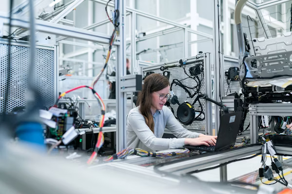 Engineer at a lab workbench conducting component and system testing for photonic integration