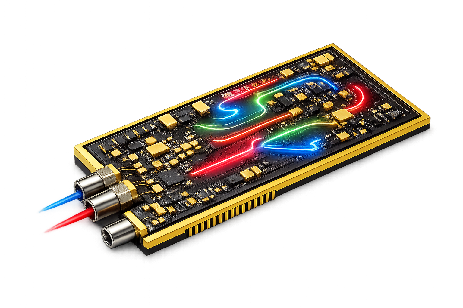 3D rendering of an advanced photonic integrated circuit (PIC) module with active fiber optic connections