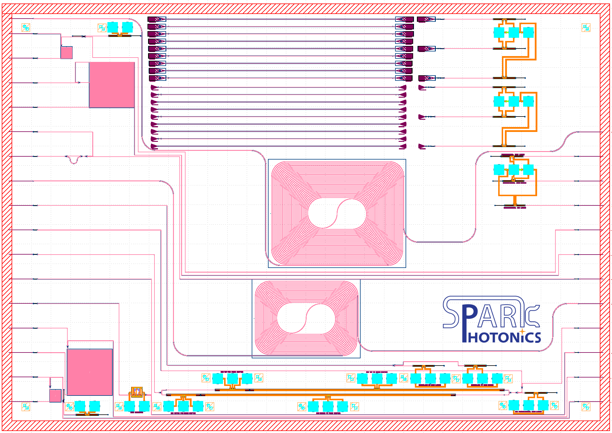Technical schematic layout demonstrating photonic integrated circuit design and architecture