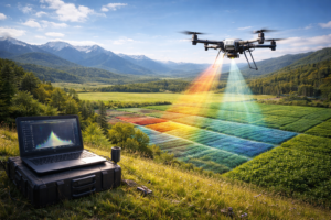 Drone conducting airborne hyperspectral LiDAR scanning demonstrating remote sensing photonic technologies